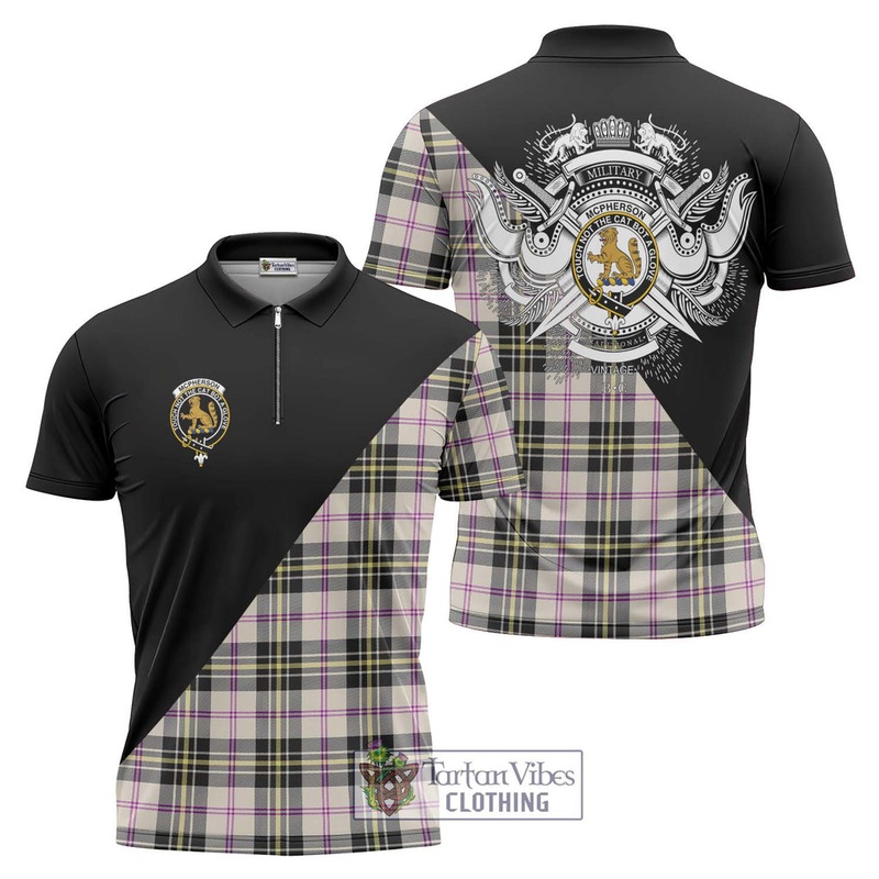 McPherson Dress Ancient Tartan Zipper Polo Shirt with Family Crest and Military Logo Style