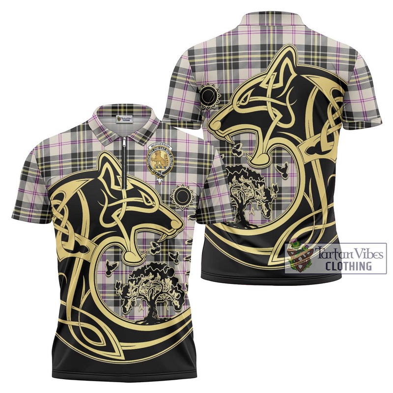 McPherson Dress Ancient Tartan Zipper Polo Shirt with Family Crest Celtic Wolf Style
