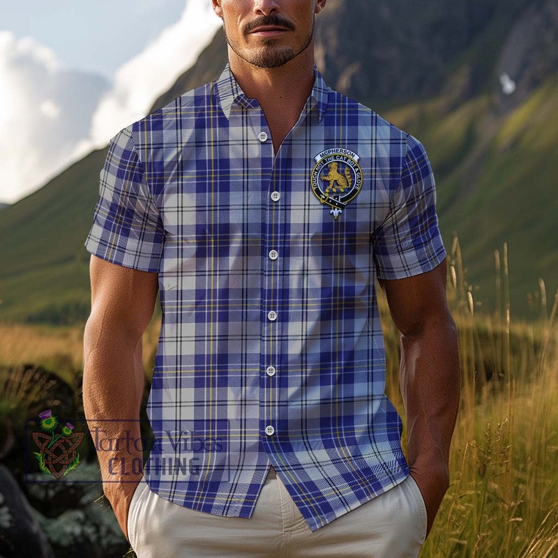 McPherson Dress Blue Tartan Cotton Hawaiian Shirt with Family Crest