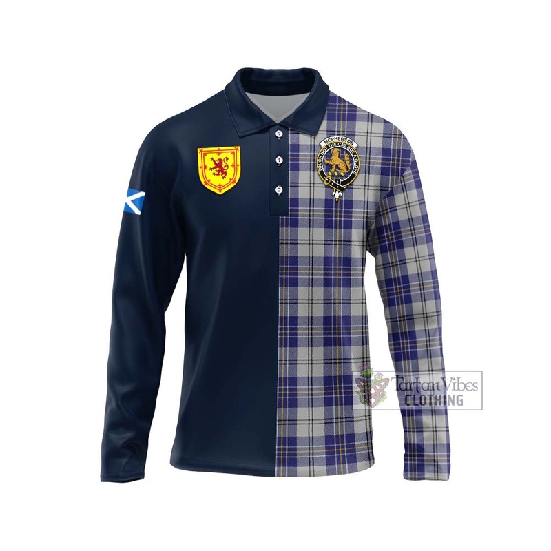 McPherson Dress Blue Tartan Long Sleeve Polo Shirt Alba with Scottish Lion Royal Arm Half Style