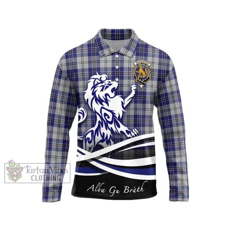 McPherson Dress Blue Tartan Long Sleeve Polo Shirt with Alba Gu Brath Regal Lion Emblem