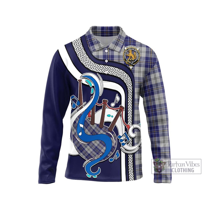 McPherson Dress Blue Tartan Long Sleeve Polo Shirt with Epic Bagpipe Style