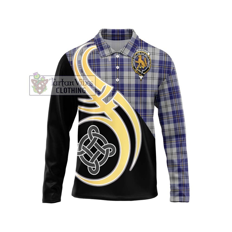 McPherson Dress Blue Tartan Long Sleeve Polo Shirt with Family Crest and Celtic Symbol Style