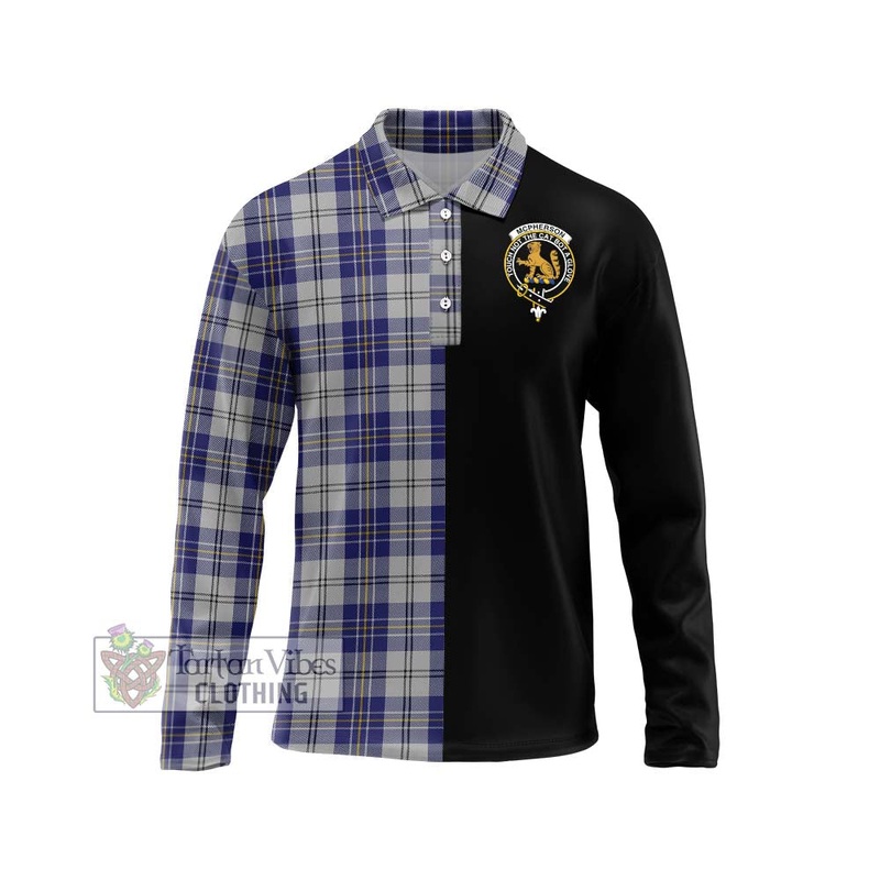 McPherson Dress Blue Tartan Long Sleeve Polo Shirt with Family Crest and Half Of Me Style