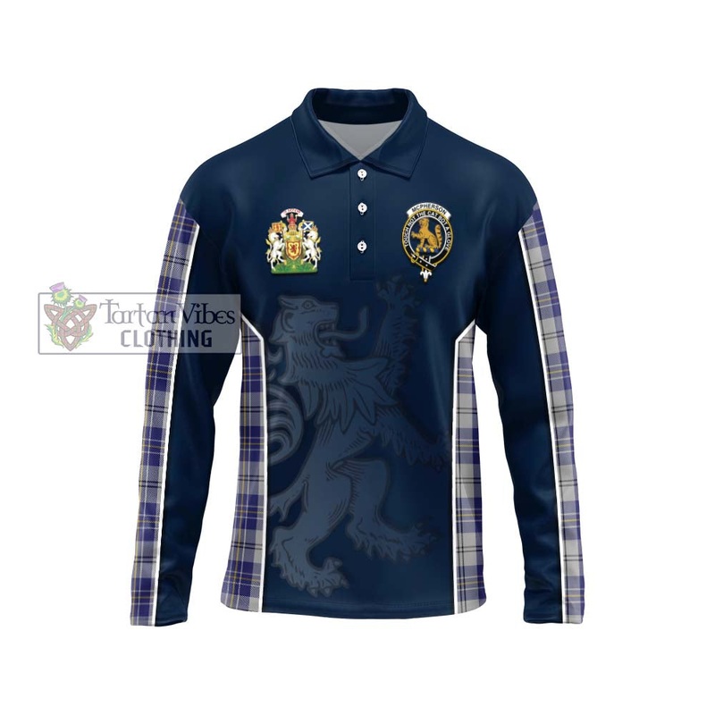 McPherson Dress Blue Tartan Long Sleeve Polo Shirt with Family Crest and Lion Rampant Vibes Sport Style