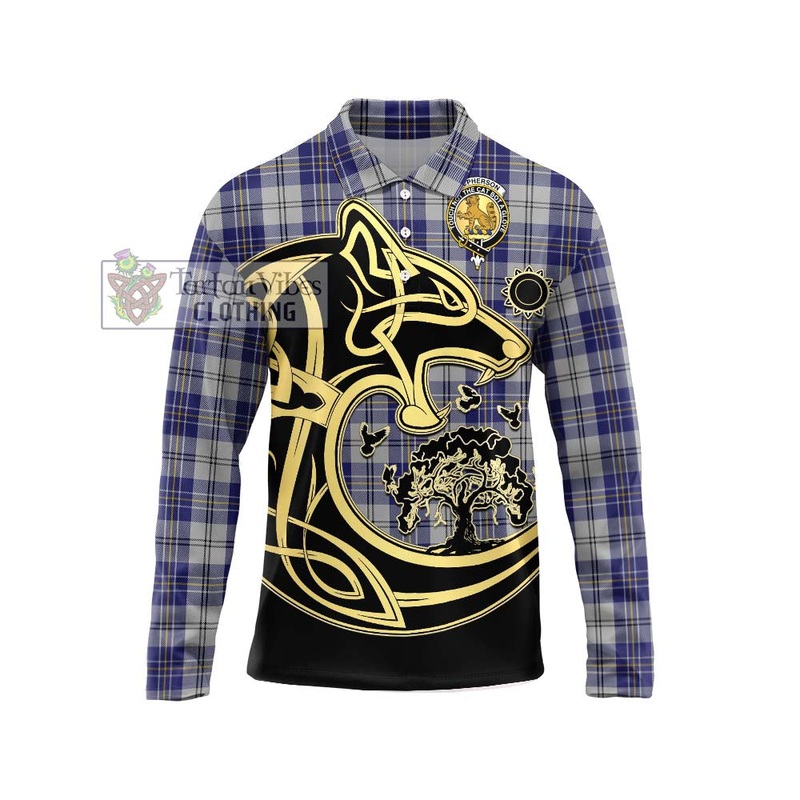 McPherson Dress Blue Tartan Long Sleeve Polo Shirt with Family Crest Celtic Wolf Style