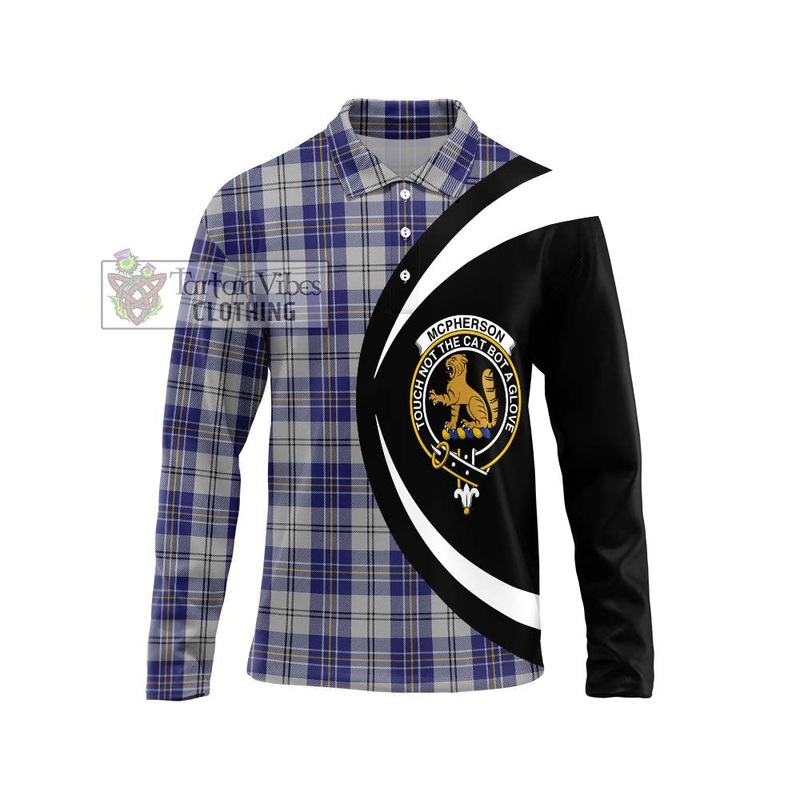 McPherson Dress Blue Tartan Long Sleeve Polo Shirt with Family Crest Circle Style
