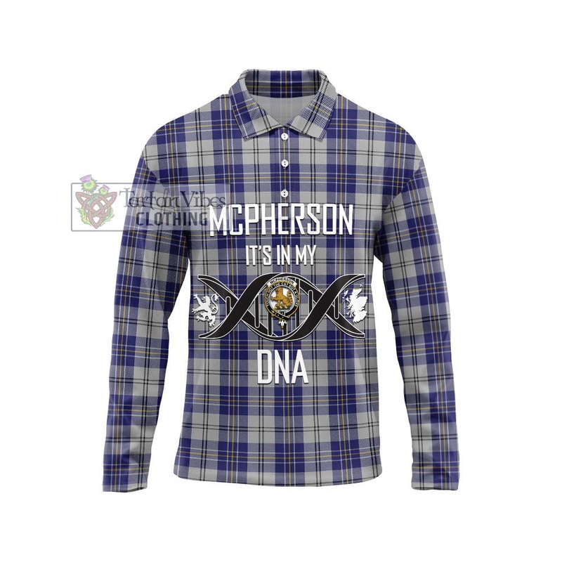 McPherson Dress Blue Tartan Long Sleeve Polo Shirt with Family Crest DNA In Me Style