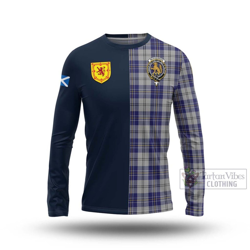 McPherson Dress Blue Tartan Long Sleeve T-Shirt Alba with Scottish Lion Royal Arm Half Style