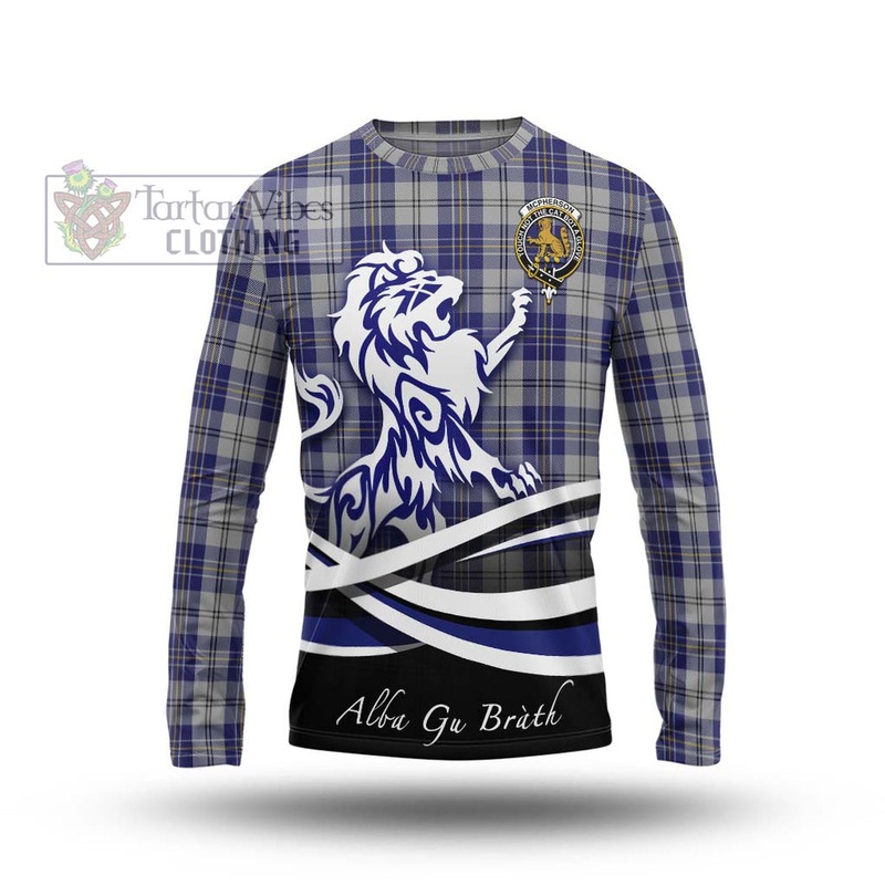 McPherson Dress Blue Tartan Long Sleeve T-Shirt with Alba Gu Brath Regal Lion Emblem