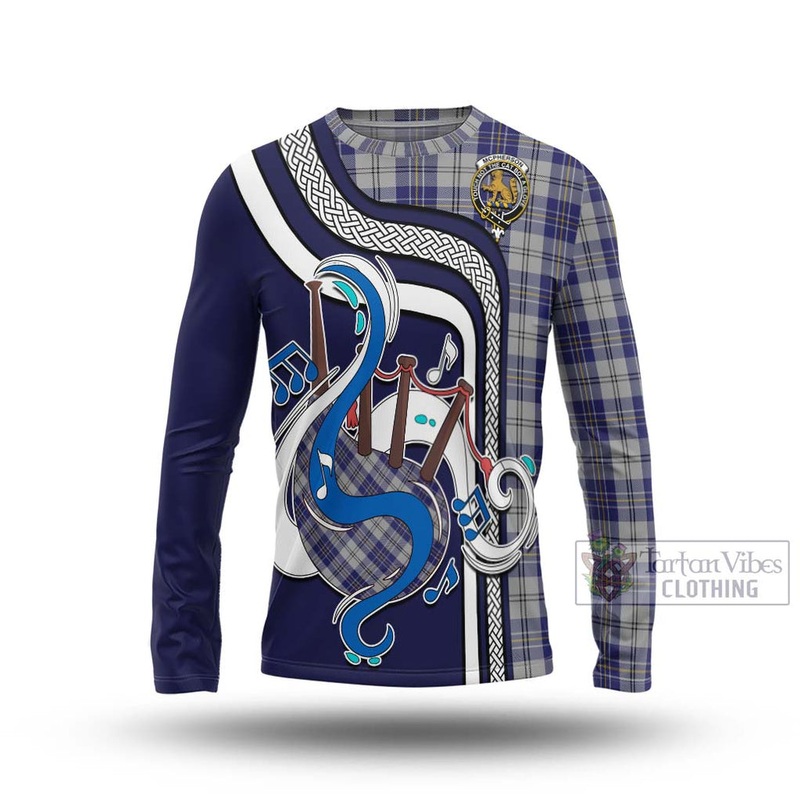 McPherson Dress Blue Tartan Long Sleeve T-Shirt with Epic Bagpipe Style