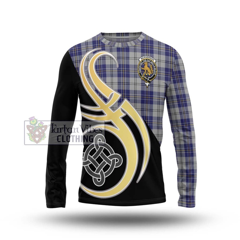 McPherson Dress Blue Tartan Long Sleeve T-Shirt with Family Crest and Celtic Symbol Style