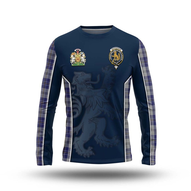 McPherson Dress Blue Tartan Long Sleeve T-Shirt with Family Crest and Lion Rampant Vibes Sport Style