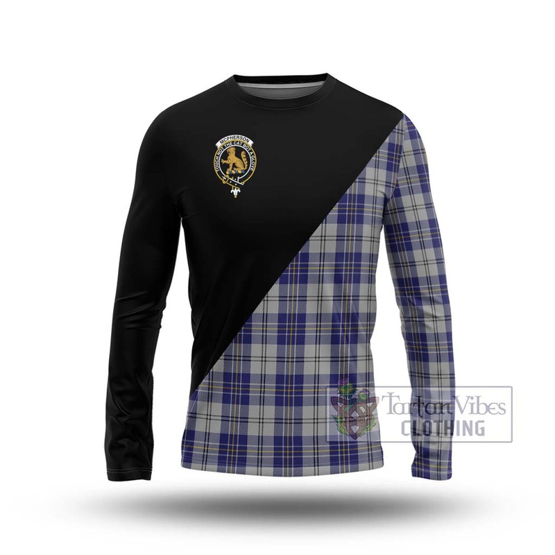 McPherson Dress Blue Tartan Long Sleeve T-Shirt with Family Crest and Military Logo Style