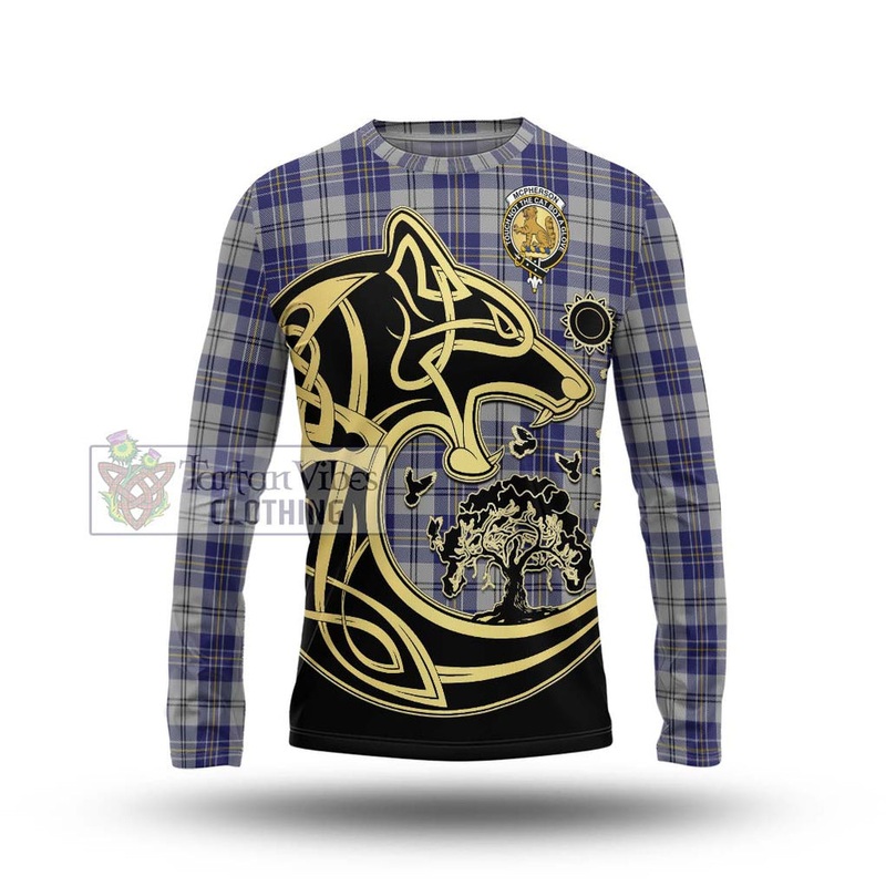 McPherson Dress Blue Tartan Long Sleeve T-Shirt with Family Crest Celtic Wolf Style