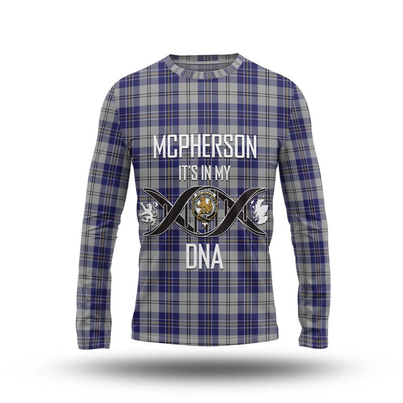 McPherson Dress Blue Tartan Long Sleeve T-Shirt with Family Crest DNA In Me Style
