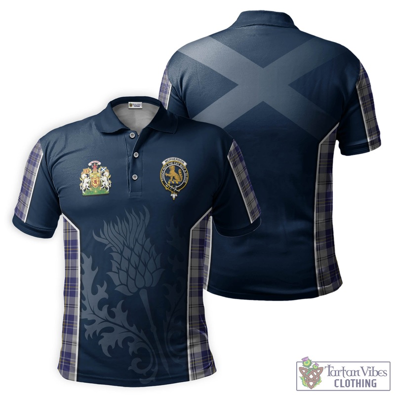McPherson Dress Blue Tartan Men's Polo Shirt with Family Crest and Scottish Thistle Vibes Sport Style
