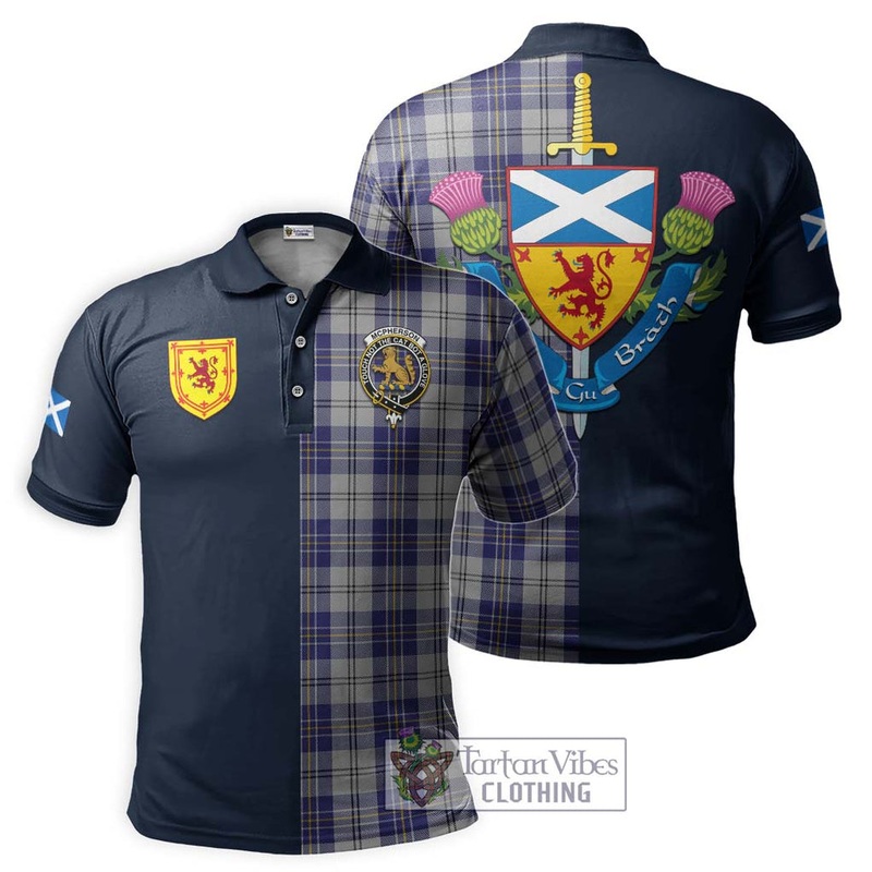 McPherson Dress Blue Tartan Polo Shirt Alba with Scottish Lion Royal Arm Half Style