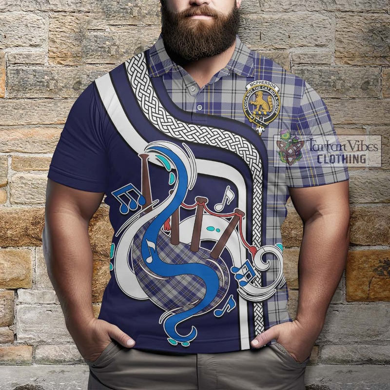 McPherson Dress Blue Tartan Polo Shirt with Epic Bagpipe Style