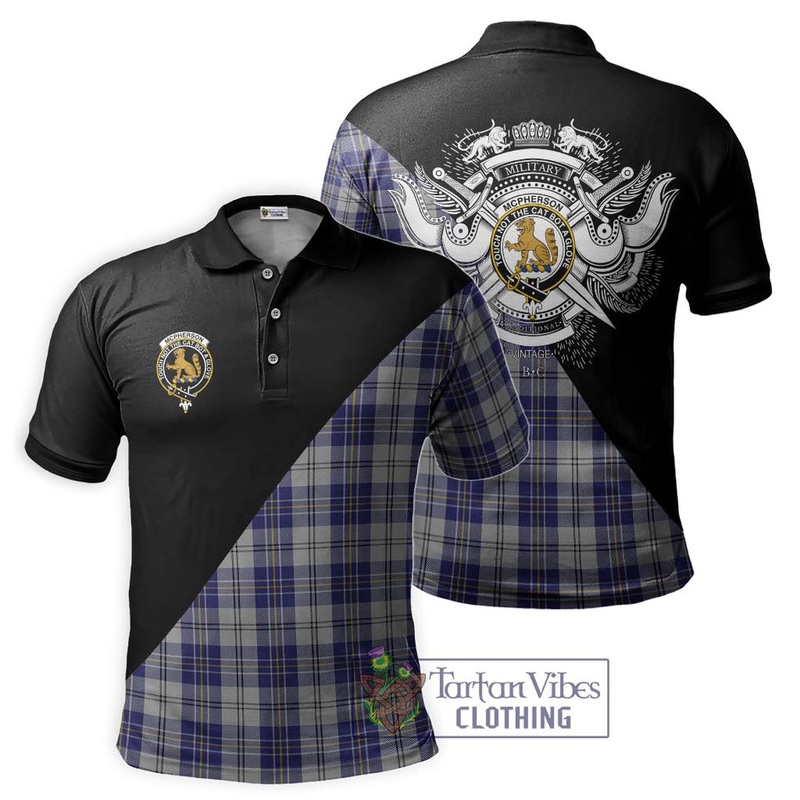 McPherson Dress Blue Tartan Polo Shirt with Family Crest and Military Logo Style