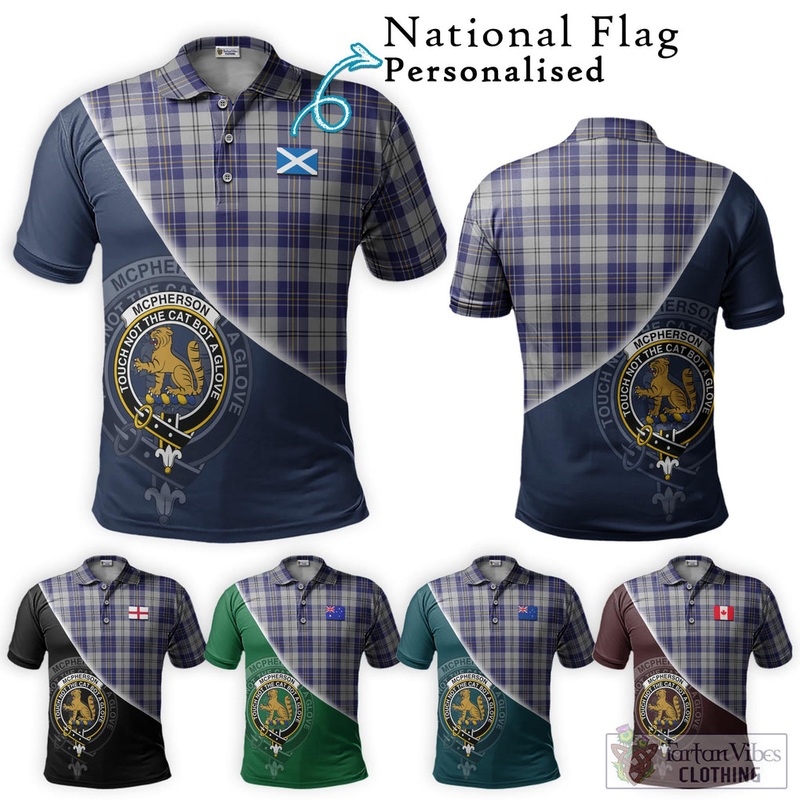 McPherson Dress Blue Tartan Polo Shirt with Personalised National Flag and Family Crest Half Style