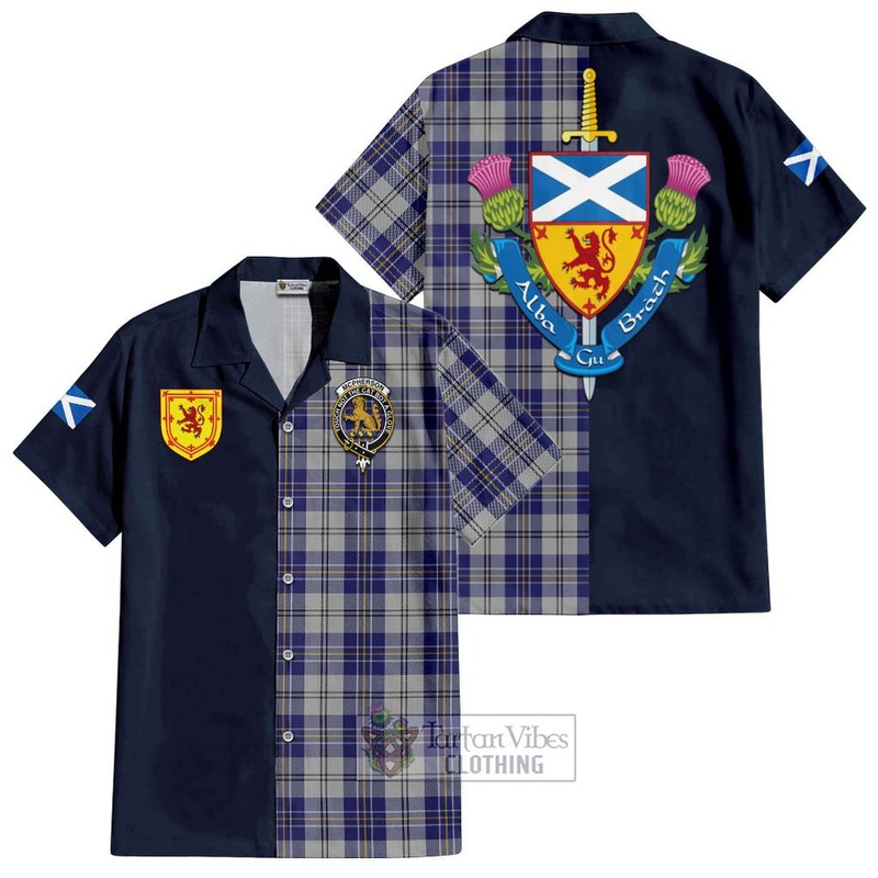 McPherson Dress Blue Tartan Short Sleeve Button Shirt Alba with Scottish Lion Royal Arm Half Style