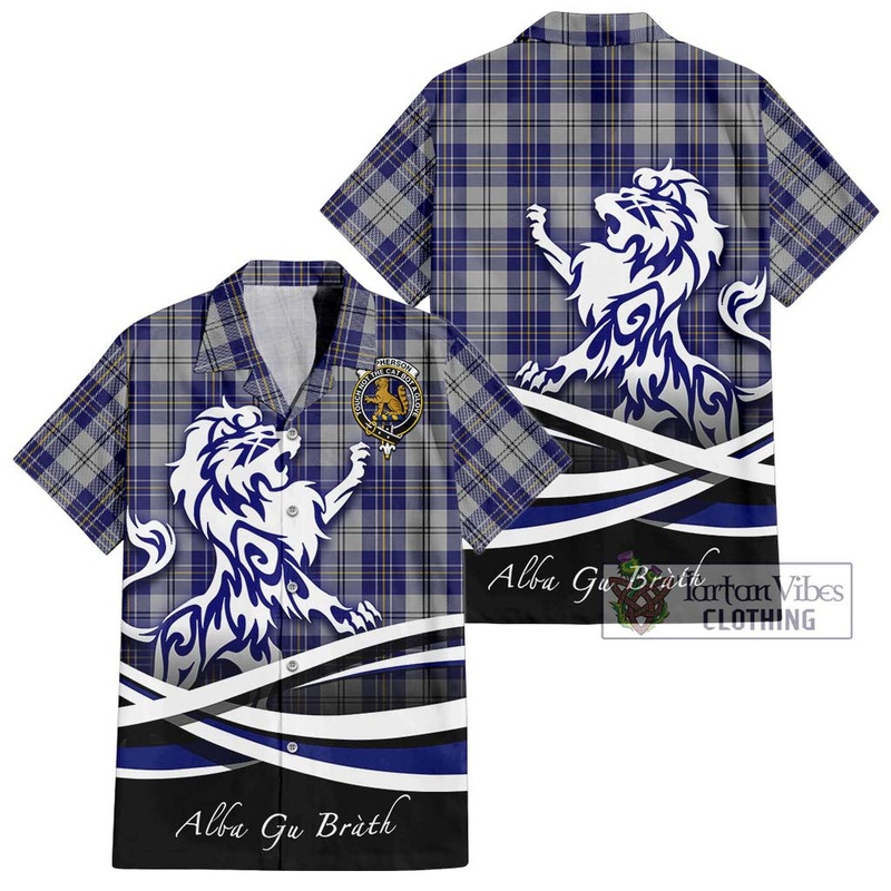 McPherson Dress Blue Tartan Short Sleeve Button Shirt with Alba Gu Brath Regal Lion Emblem