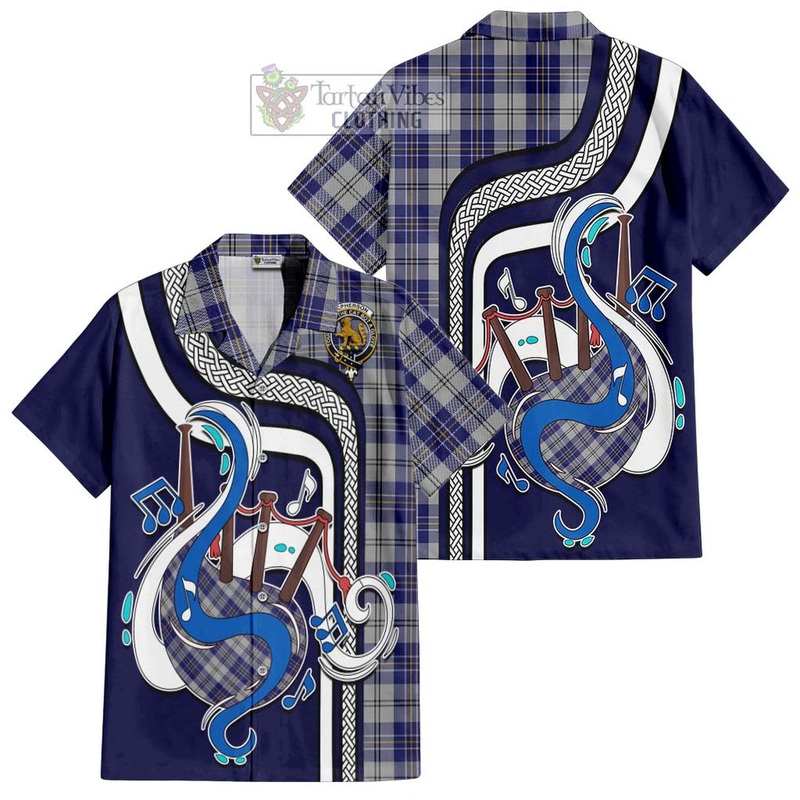 McPherson Dress Blue Tartan Short Sleeve Button Shirt with Epic Bagpipe Style