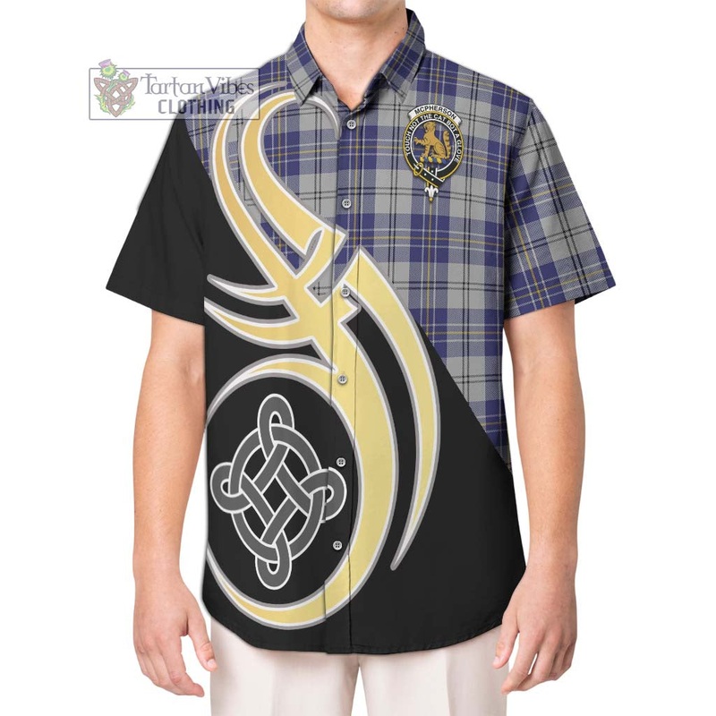 McPherson Dress Blue Tartan Short Sleeve Button Shirt with Family Crest and Celtic Symbol Style
