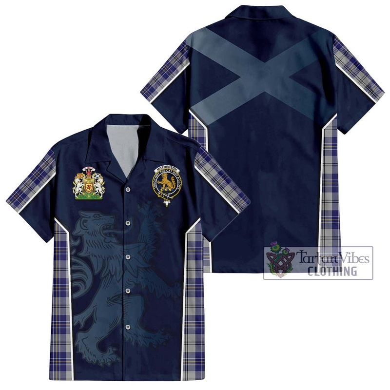 McPherson Dress Blue Tartan Short Sleeve Button Shirt with Family Crest and Lion Rampant Vibes Sport Style