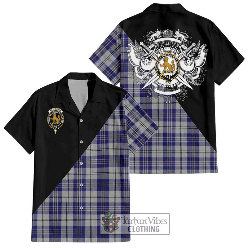 McPherson Dress Blue Tartan Short Sleeve Button Shirt with Family Crest and Military Logo Style