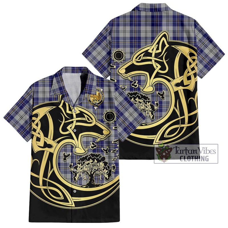 McPherson Dress Blue Tartan Short Sleeve Button Shirt with Family Crest Celtic Wolf Style