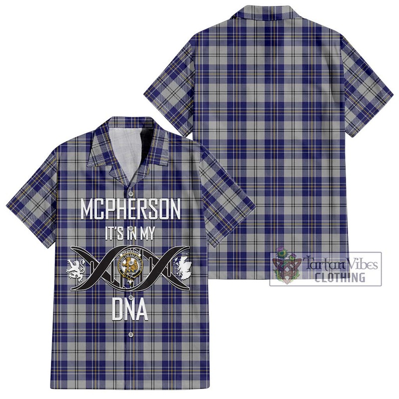 McPherson Dress Blue Tartan Short Sleeve Button Shirt with Family Crest DNA In Me Style