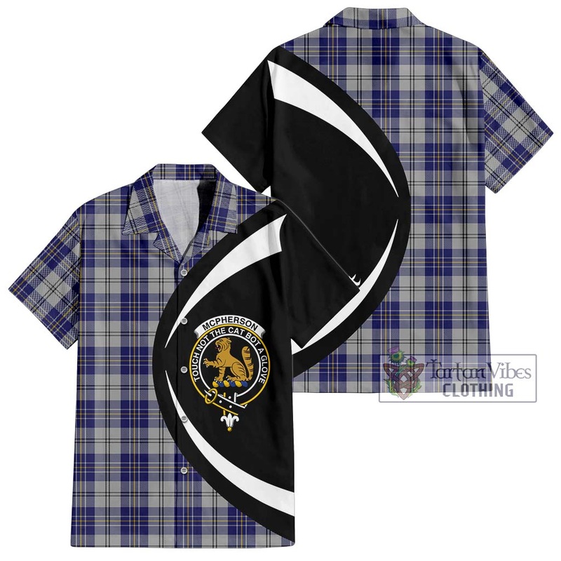 McPherson Dress Blue Tartan Short Sleeve Button Up with Family Crest Circle Style