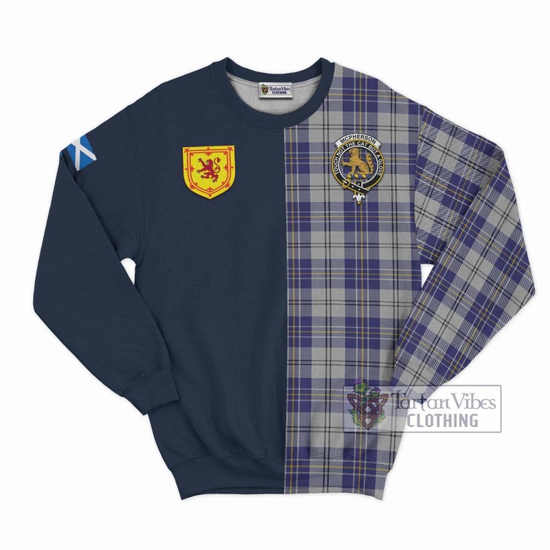 McPherson Dress Blue Tartan Sweatshirt Alba with Scottish Lion Royal Arm Half Style