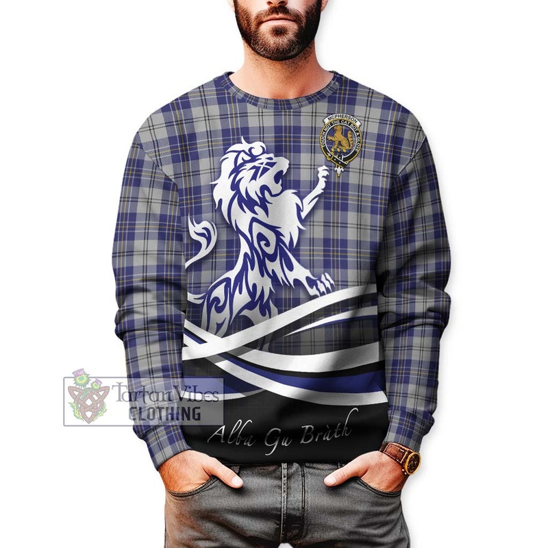 McPherson Dress Blue Tartan Sweatshirt with Alba Gu Brath Regal Lion Emblem