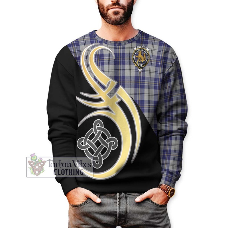 McPherson Dress Blue Tartan Sweatshirt with Family Crest and Celtic Symbol Style