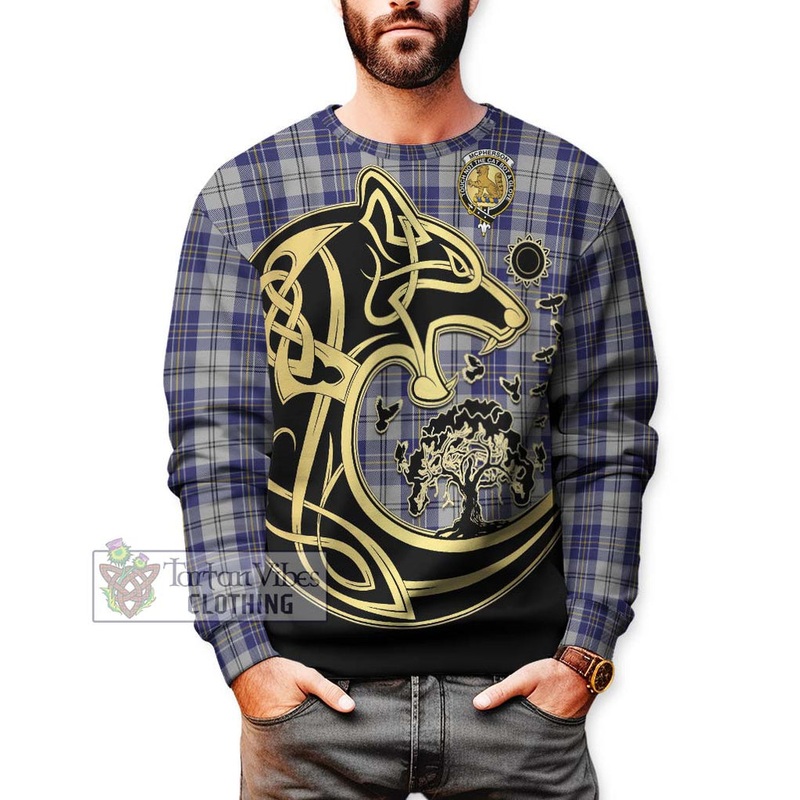 McPherson Dress Blue Tartan Sweatshirt with Family Crest Celtic Wolf Style