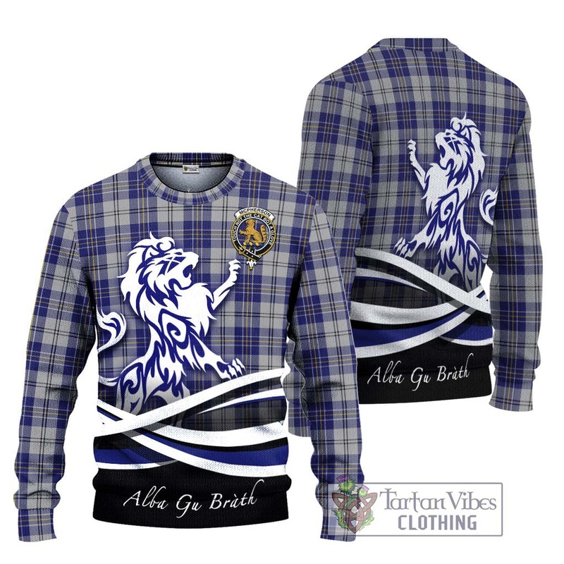 McPherson Dress Blue Tartan Ugly Sweater with Alba Gu Brath Regal Lion Emblem