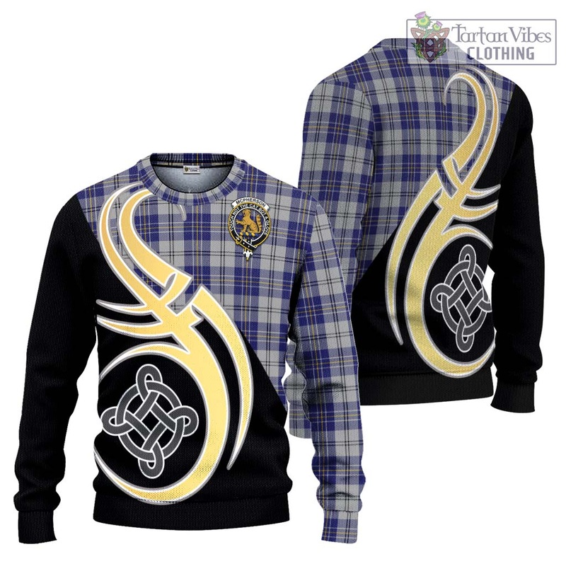 McPherson Dress Blue Tartan Ugly Sweater with Family Crest and Celtic Symbol Style