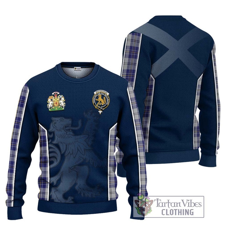 McPherson Dress Blue Tartan Ugly Sweater with Family Crest and Lion Rampant Vibes Sport Style