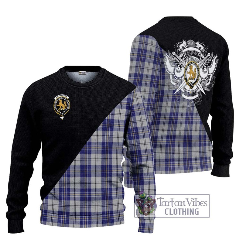 McPherson Dress Blue Tartan Ugly Sweater with Family Crest and Military Logo Style