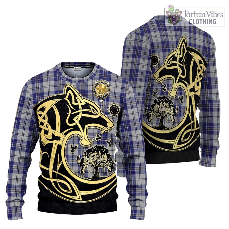 McPherson Dress Blue Tartan Ugly Sweater with Family Crest Celtic Wolf Style