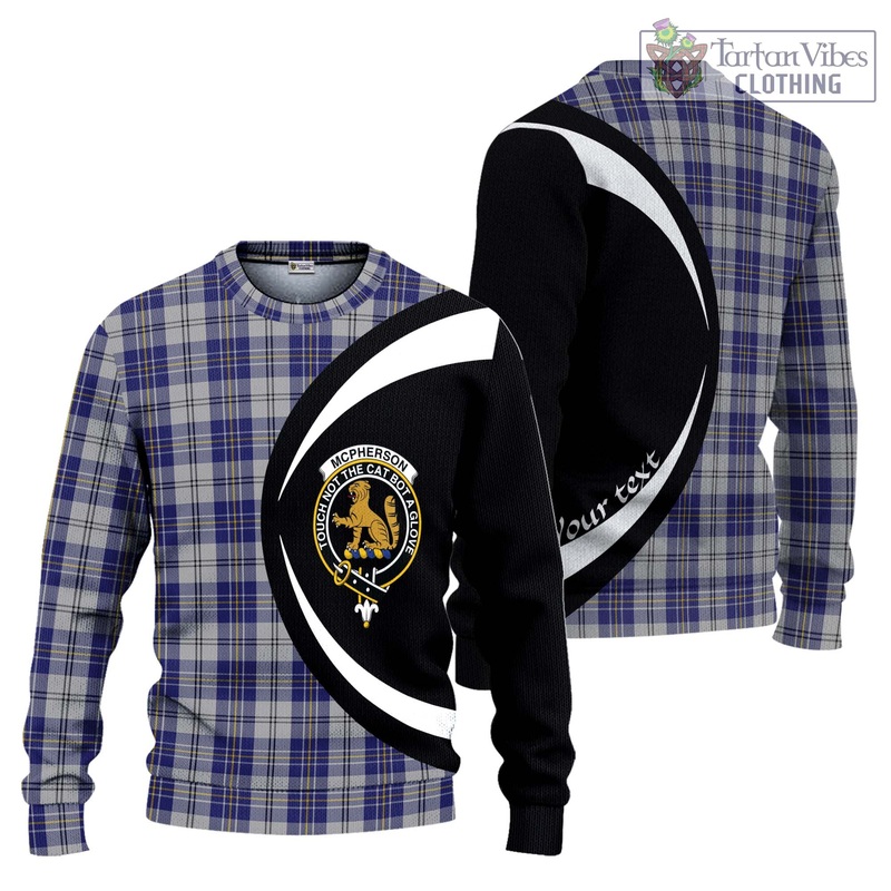 McPherson Dress Blue Tartan Ugly Sweater with Family Crest Circle Style