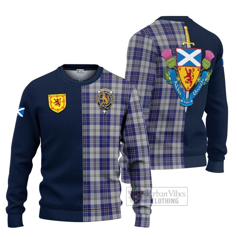 McPherson Dress Blue Tartan Ugly Sweater with Scottish Lion Royal Arm Half Style