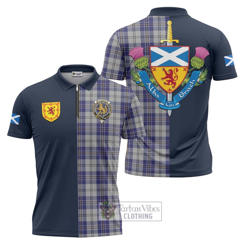 McPherson Dress Blue Tartan Zipper Polo Shirt Alba with Scottish Lion Royal Arm Half Style