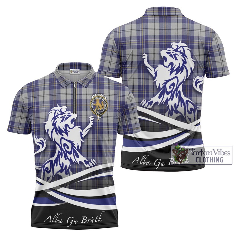 McPherson Dress Blue Tartan Zipper Polo Shirt with Alba Gu Brath Regal Lion Emblem