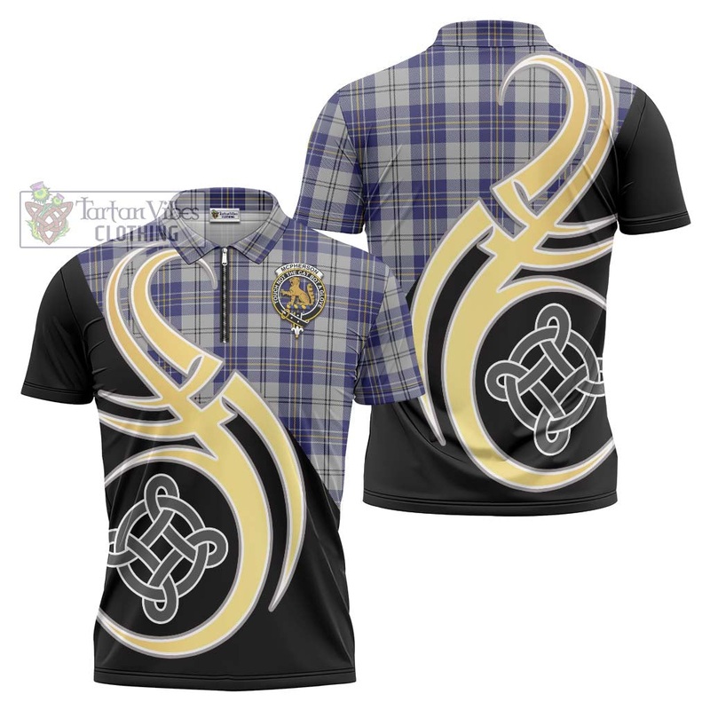McPherson Dress Blue Tartan Zipper Polo Shirt with Family Crest and Celtic Symbol Style