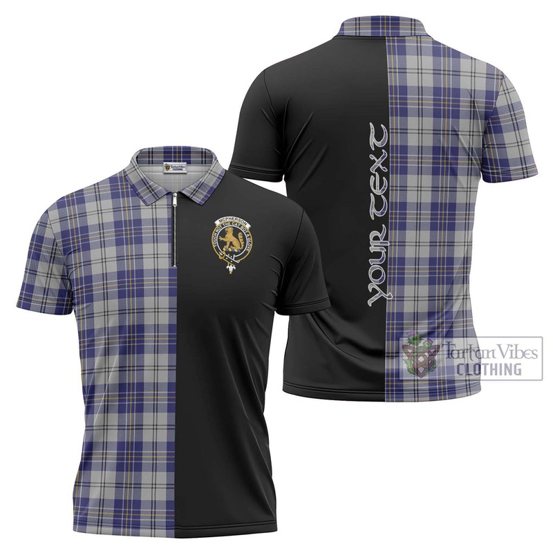 McPherson Dress Blue Tartan Zipper Polo Shirt with Family Crest and Half Of Me Style