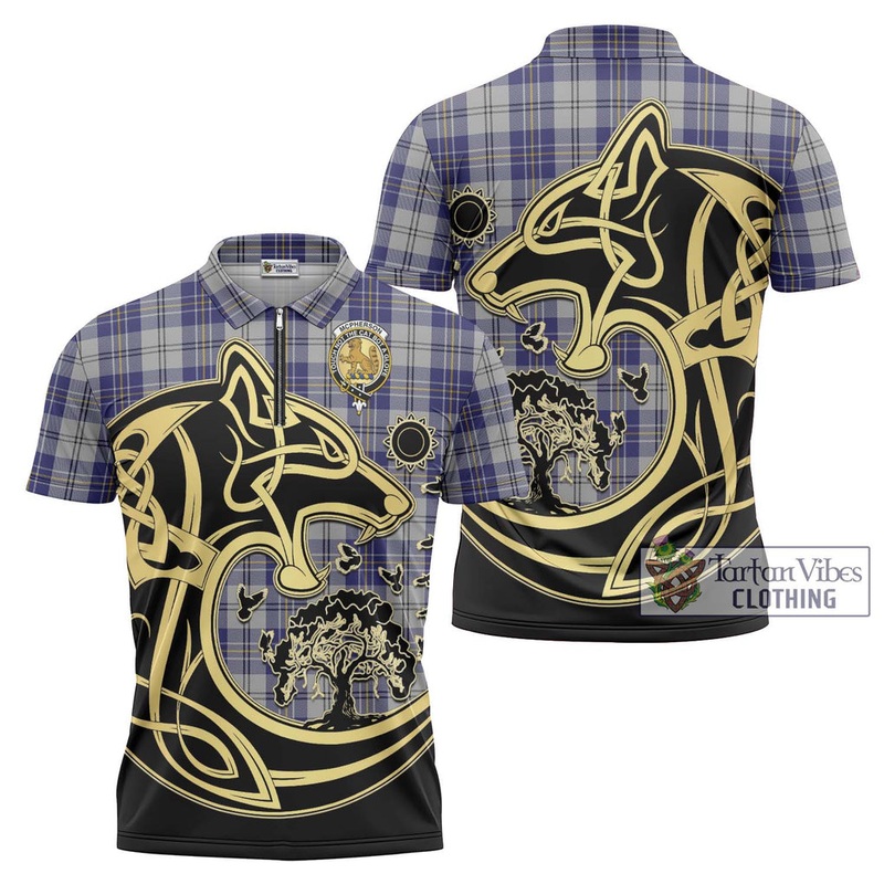 McPherson Dress Blue Tartan Zipper Polo Shirt with Family Crest Celtic Wolf Style